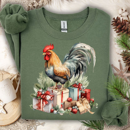 Military Green Gildan sweatshirt with a watercolor Christmas rooster on gifts, surrounded by pine and holly.