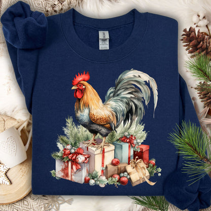 Navy Gildan Christmas Rooster Sweatshirt, size S, with a watercolor rooster on festive gifts and pine.