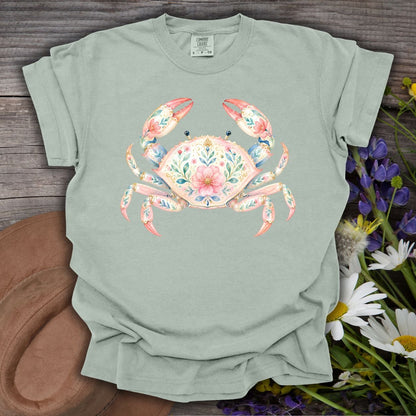 Bay green t-shirt with a watercolor floral crab design, made from garment-dyed ring-spun cotton.