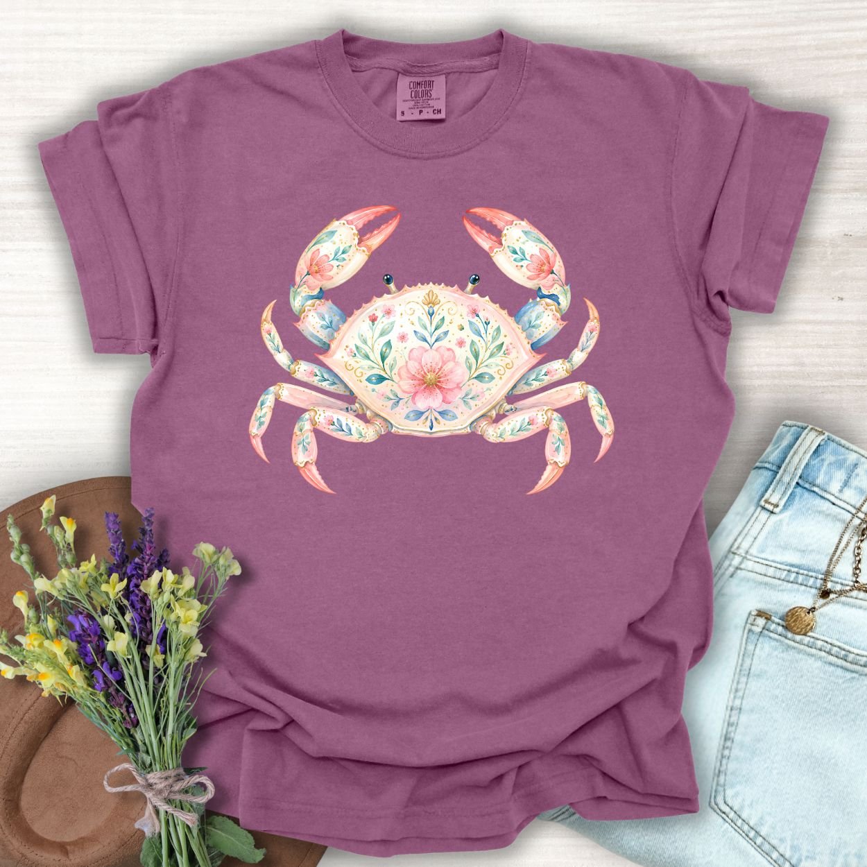 Berry S t-shirt with a watercolor-style floral crab design, made from garment-dyed ring-spun cotton.