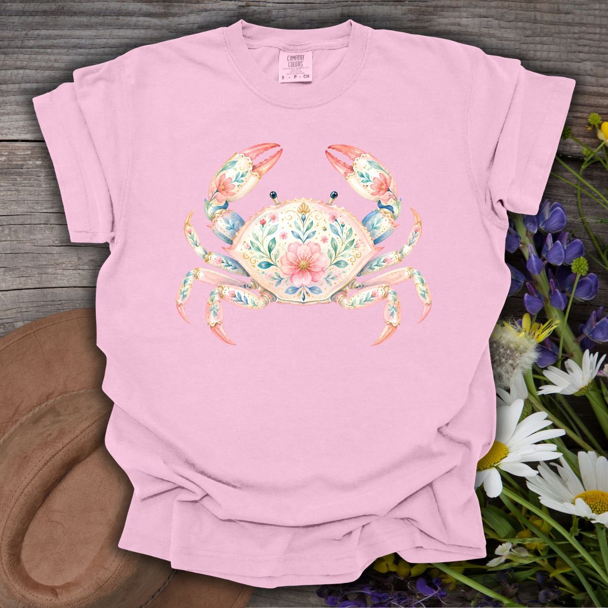 Blossom pink garment-dyed t-shirt with a watercolor floral crab design.