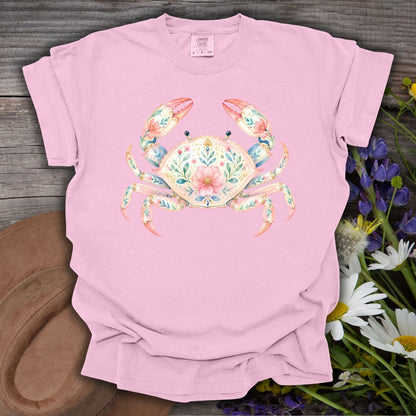 Blossom pink garment-dyed t-shirt with a watercolor floral crab design.