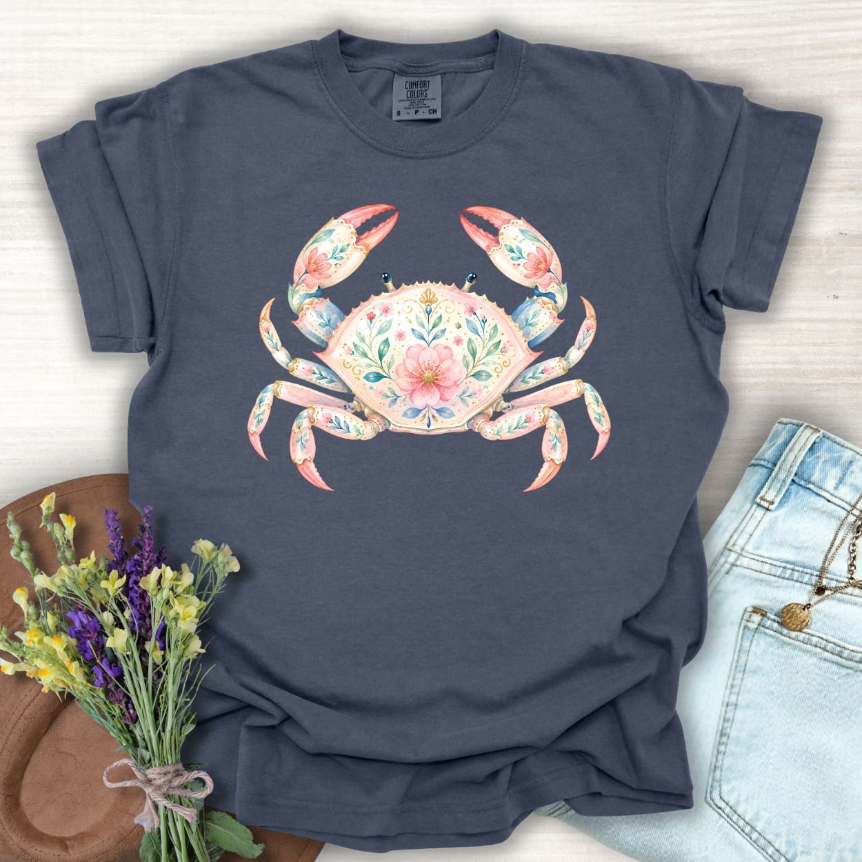 Denim S Coastal Floral Crab T-Shirt with watercolor crab design, made from garment-dyed ring-spun cotton.