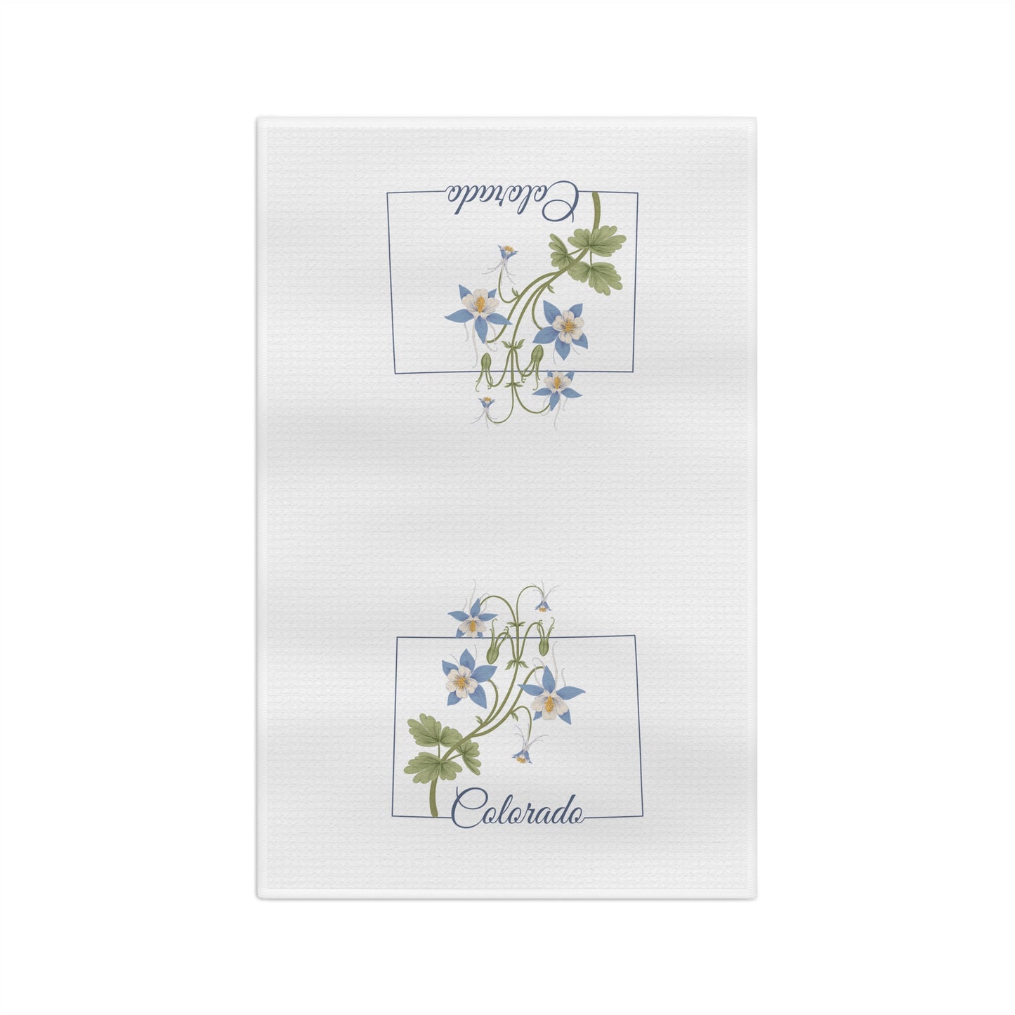 White microfiber tea towel with two framed blue columbine floral designs and "Colorado" script.