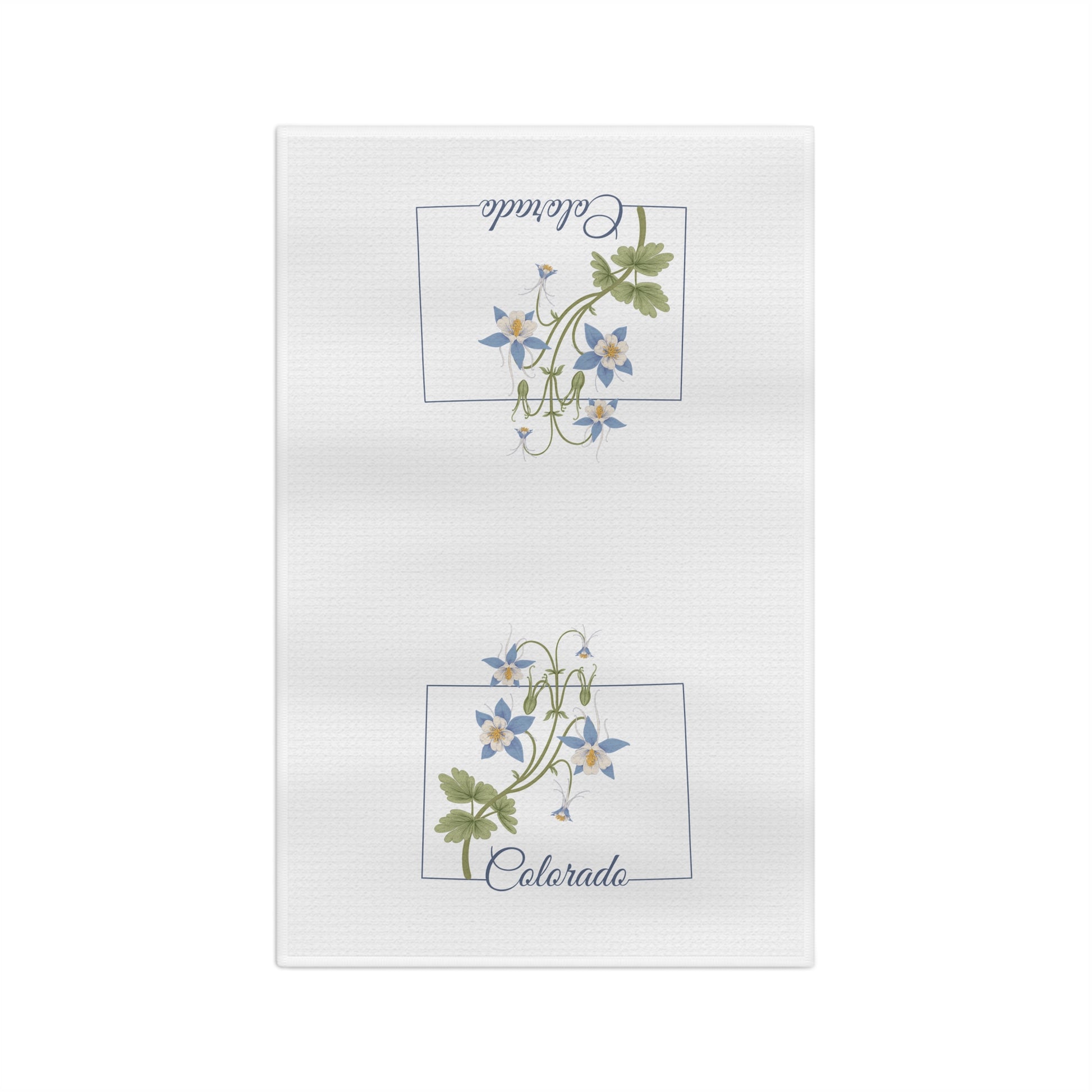 White microfiber tea towel with two framed blue columbine floral designs and "Colorado" script.