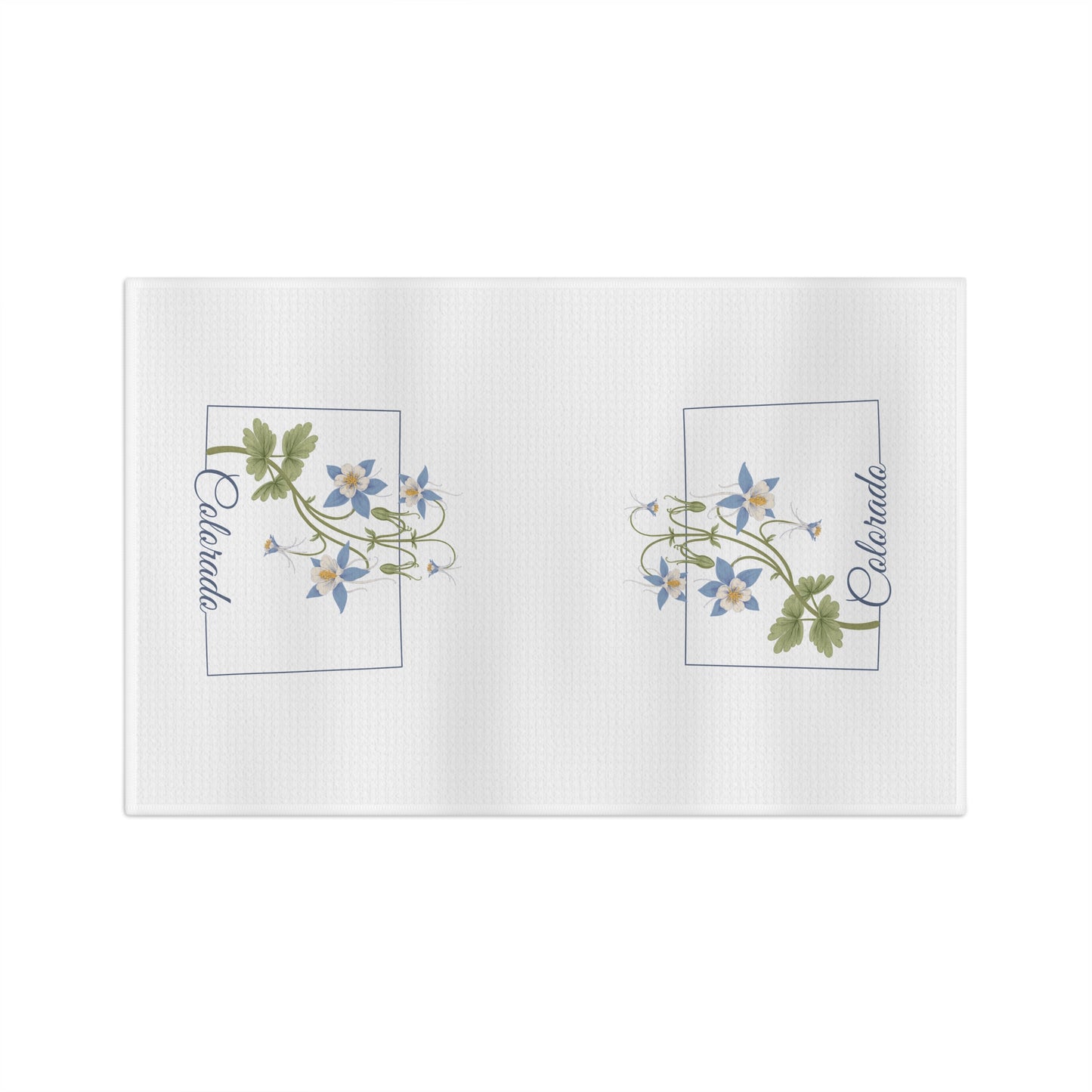 White microfiber tea towel with two framed clusters of blue columbine flowers and "Colorado" text.