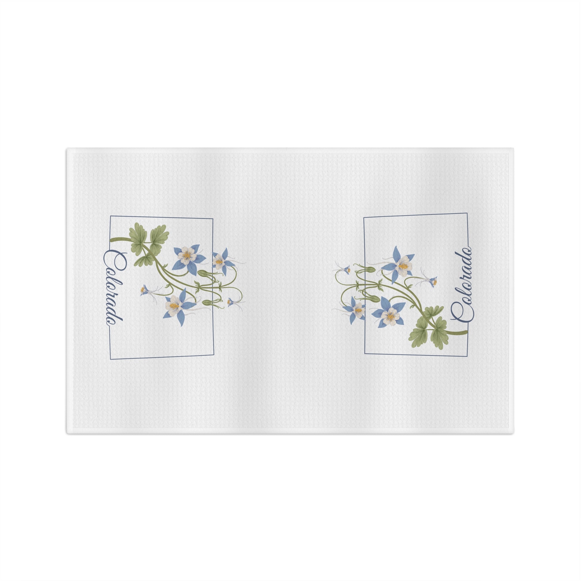 White microfiber tea towel with two framed clusters of blue columbine flowers and "Colorado" text.