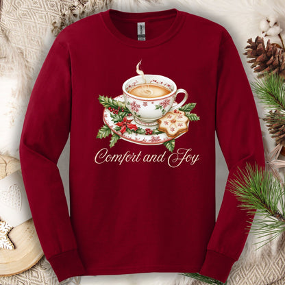 Cardinal Red long sleeve tee, S, with watercolor teacup, evergreens, gingerbread cookie, and "Comfort and Joy" text.