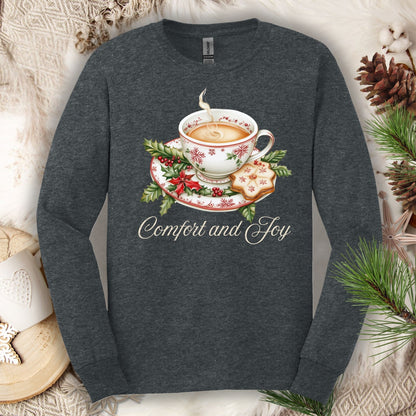 Dark Heather long sleeve tee with watercolor teacup, evergreens, gingerbread cookie, and "Comfort and Joy" text.