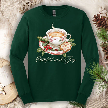 Forest Green long sleeve tee, S, with watercolor teacup, evergreens, gingerbread cookie, and "Comfort and Joy" text.