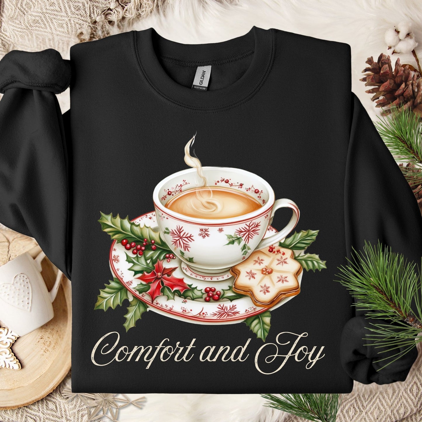 Black S sweatshirt with watercolor Christmas teapot, holly, and "Comfort and Joy" text.