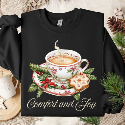 Black S sweatshirt with watercolor Christmas teapot, holly, and "Comfort and Joy" text.