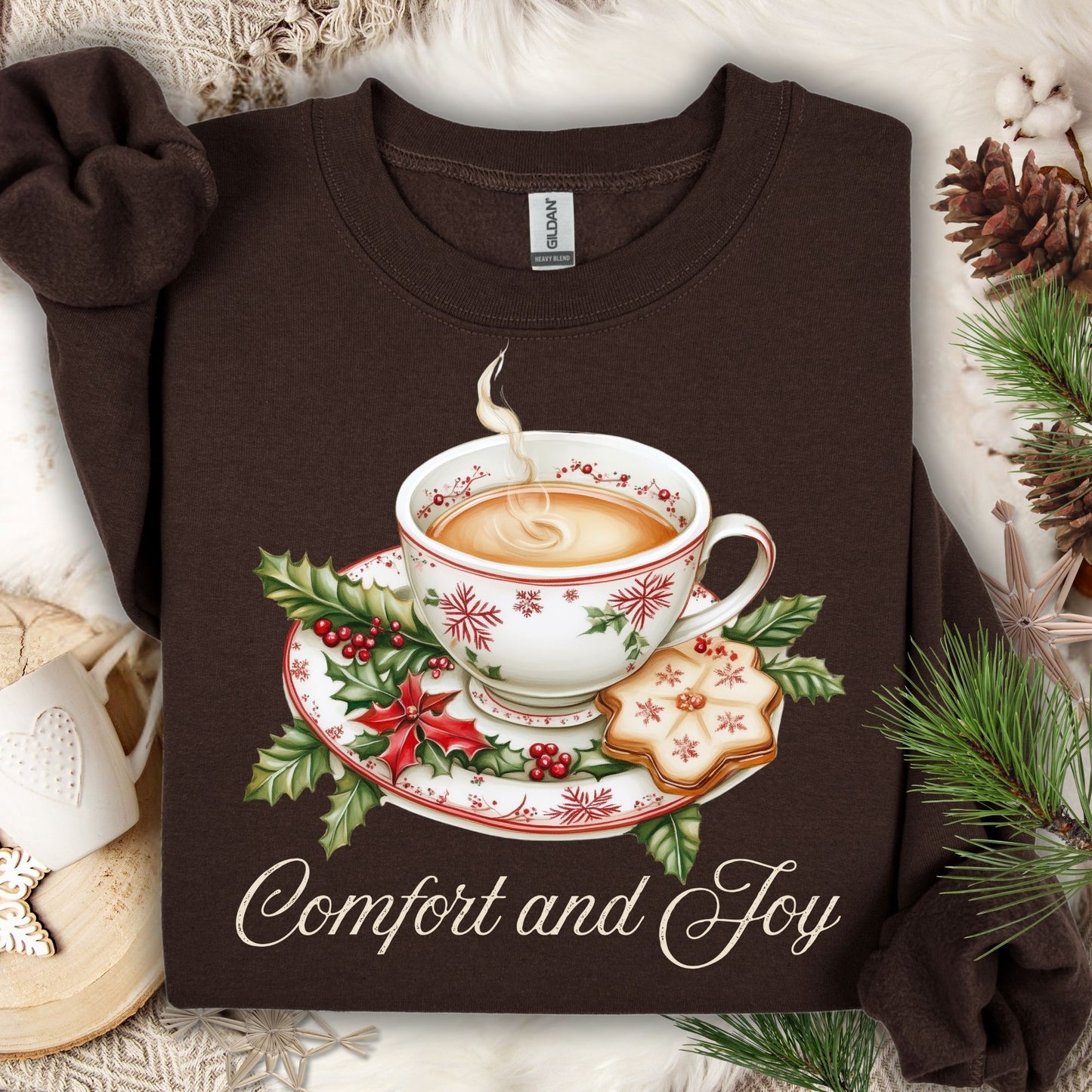 Dark Chocolate Comfort and Joy Tea Sweatshirt with watercolor Christmas teapot, holly, and cookie design.