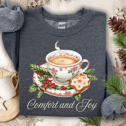 Dark Heather S sweatshirt with watercolor Christmas teapot, holly, cookie, and "Comfort and Joy" text.