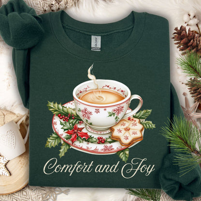 Forest Green heavyweight cotton sweatshirt with a watercolor Christmas teapot, holly, and "Comfort and Joy" text.