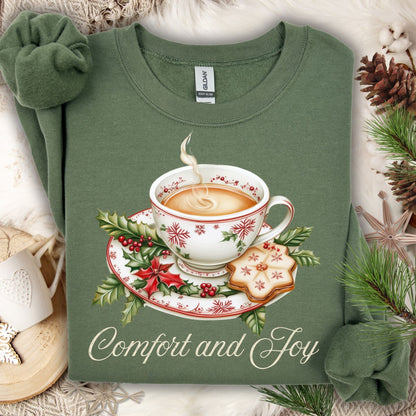 Military Green Comfort and Joy Tea Sweatshirt with watercolor Christmas teapot, holly, and cookie design.