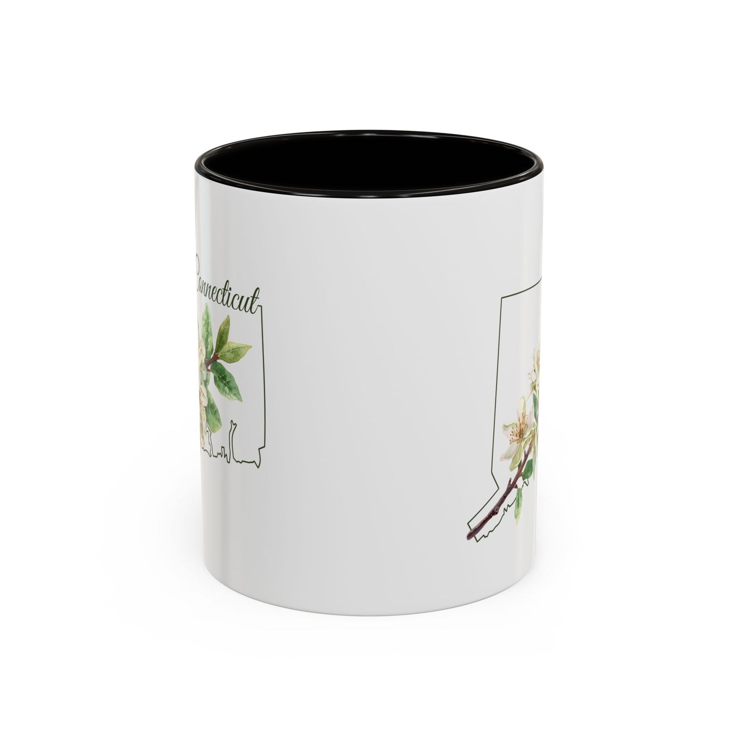 White ceramic mug with black interior and handle, featuring a watercolor Mountain Laurel bloom over a Connecticut outline.