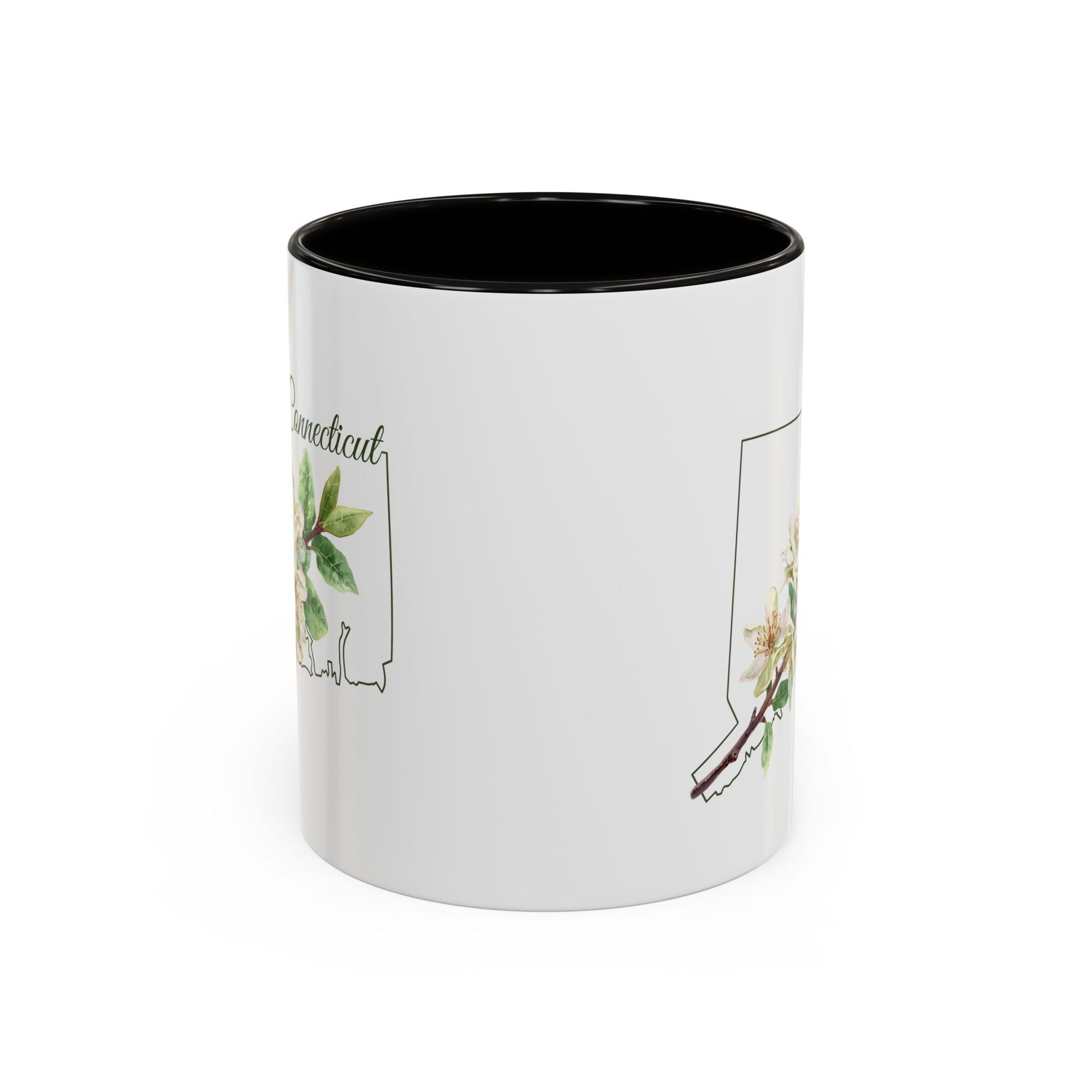 White ceramic mug with black interior and handle, featuring a watercolor Mountain Laurel bloom over a Connecticut outline.