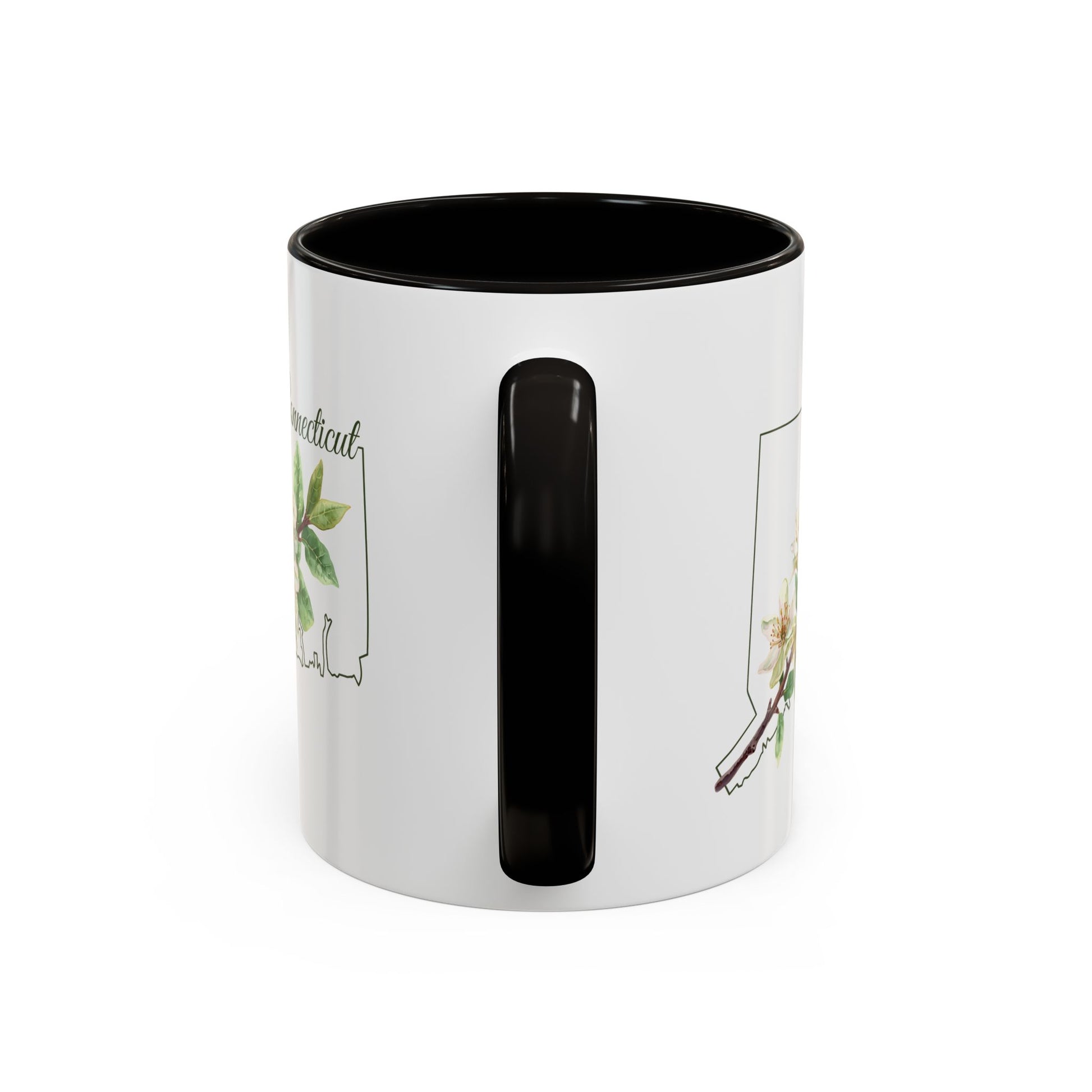 White ceramic mug with black interior and handle, featuring a watercolor Mountain Laurel bloom over a Connecticut outline.
