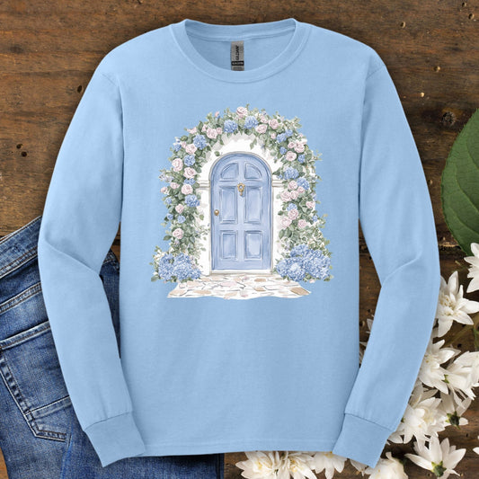 Cottage Doorway with Hydrangeas Long Sleeve Tee