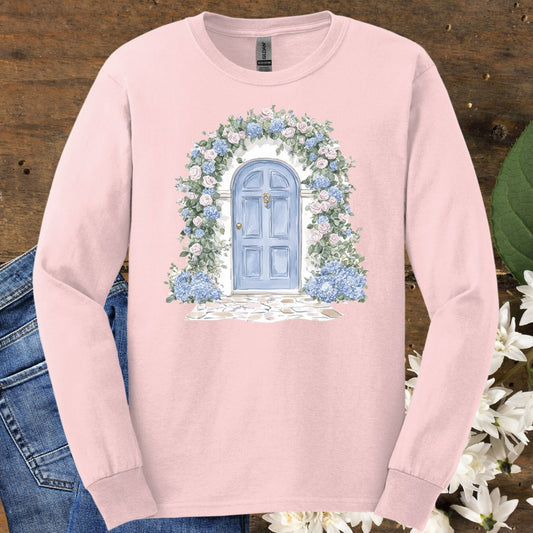Cottage Doorway with Hydrangeas Long Sleeve Tee