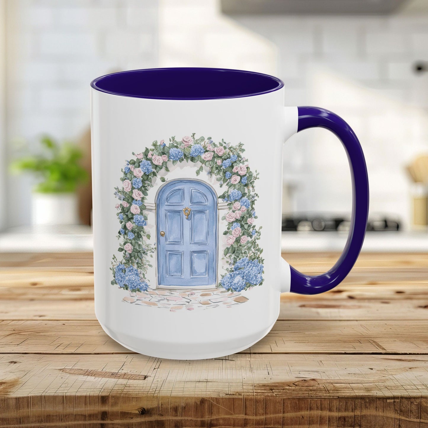 15oz ceramic mug with a blue interior and handle, featuring a hand-painted blue doorway with pink and blue hydrangeas.