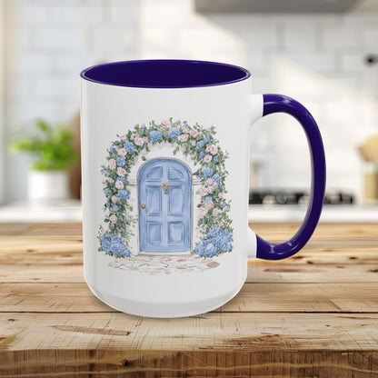 15oz ceramic mug with a blue interior and handle, featuring a hand-painted blue doorway with pink and blue hydrangeas.