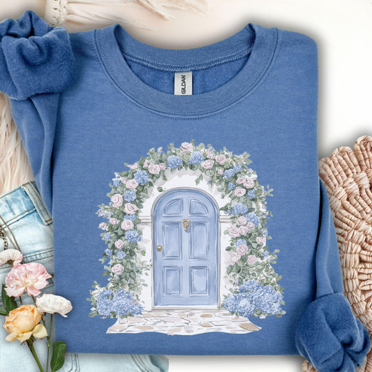 Cottage Doorway with Hydrangeas Sweatshirt