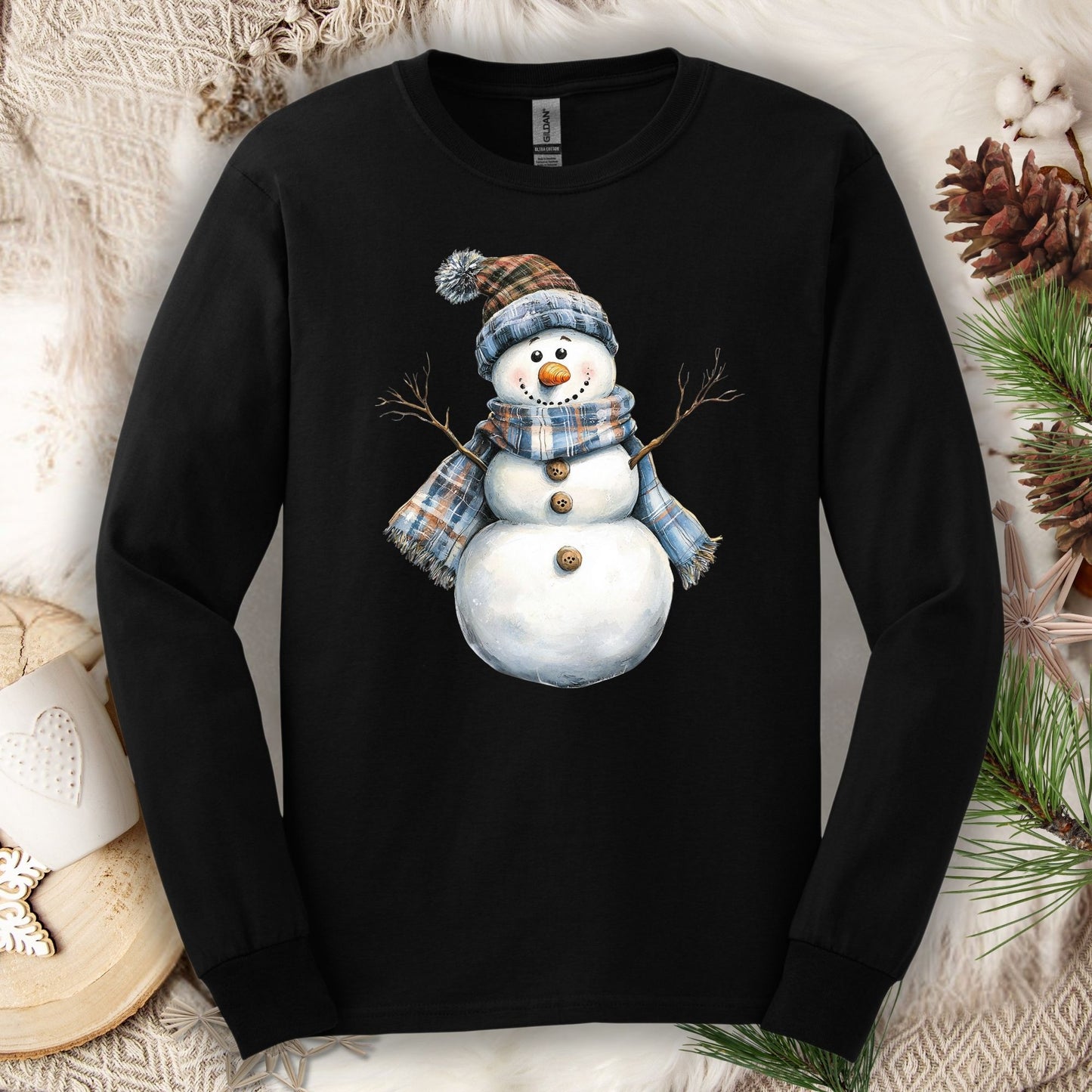 Country Blue Snowman Long Sleeve Tee