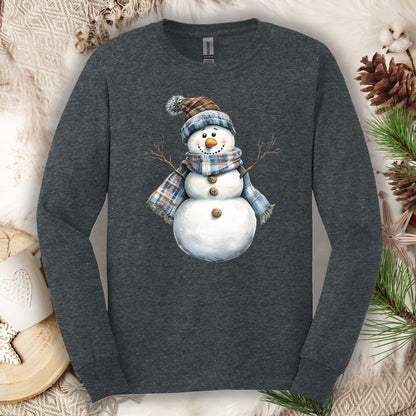 Dark Heather long sleeve tee with a country blue snowman wearing a plaid scarf and hat.