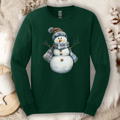 Forest Green long sleeve tee with a snowman wearing a blue and tan plaid scarf and hat.
