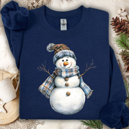 Navy S heavy blend sweatshirt with watercolor snowman in blue and tan plaid scarf and hat.