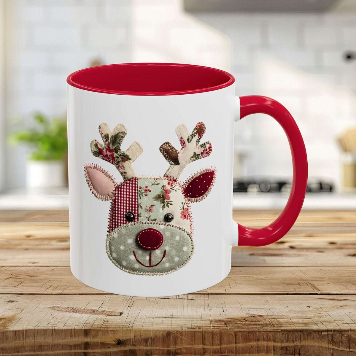 11oz white ceramic mug with red interior/handle and a patchwork Rudolph design.