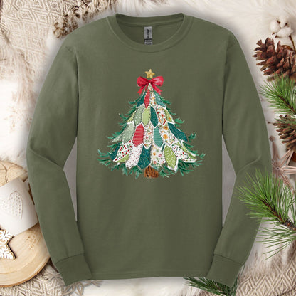 Military green long sleeve tee with a printed country-style quilted Christmas tree design.
