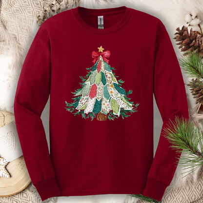 Cardinal Red long sleeve tee with a printed country-style quilted Christmas tree design.