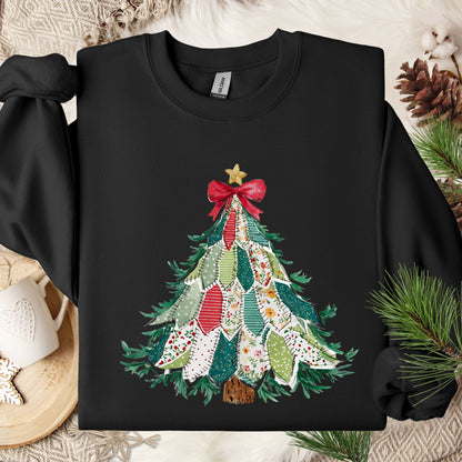 Black Gildan fleece sweatshirt with a printed country patchwork Christmas tree design.