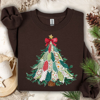 Dark Chocolate Gildan sweatshirt with a printed country patchwork Christmas tree design.