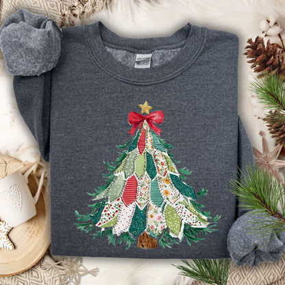 Dark Heather Gildan sweatshirt, size S, with a printed country-style patchwork Christmas tree design.