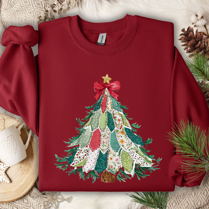 Garnet Gildan sweatshirt with a printed country patchwork Christmas tree design, red bow, and star.