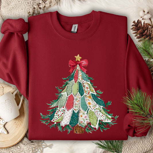 Garnet Gildan sweatshirt with a printed country patchwork Christmas tree design, red bow, and star.