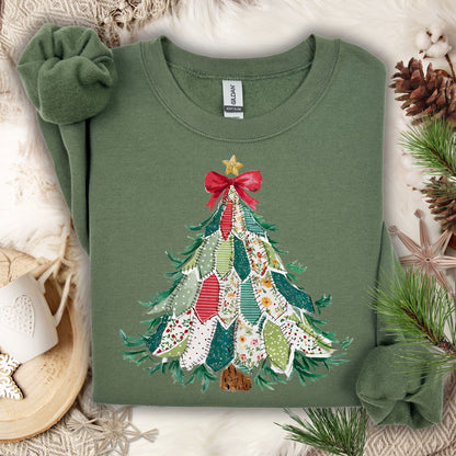 Military green Gildan sweatshirt with a printed country-style patchwork Christmas tree design, featuring rustic patterns.