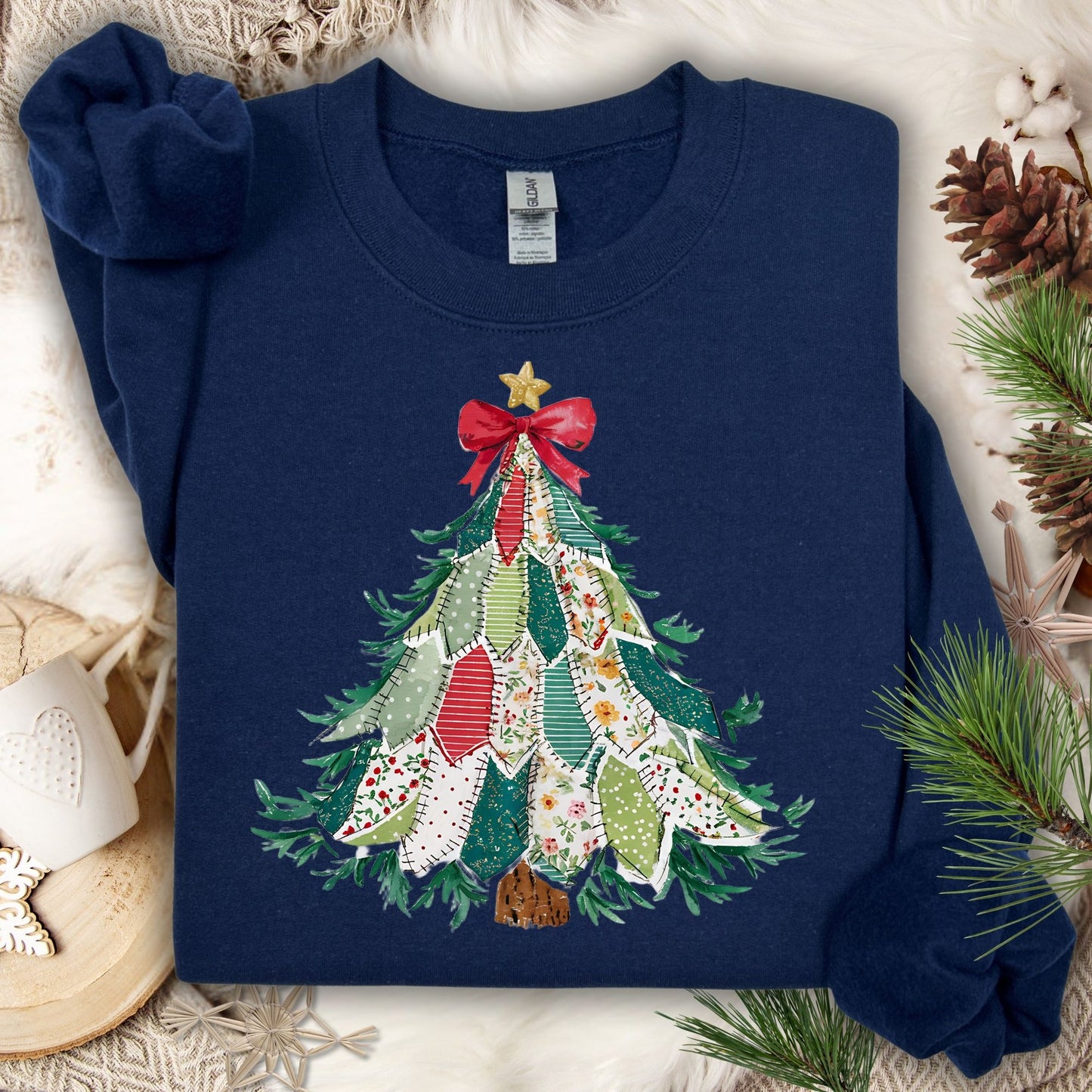 Navy Gildan sweatshirt with a printed country-style patchwork Christmas tree design.