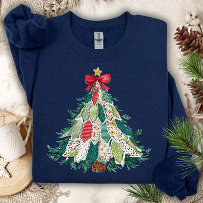 Navy Gildan sweatshirt with a printed country-style patchwork Christmas tree design.