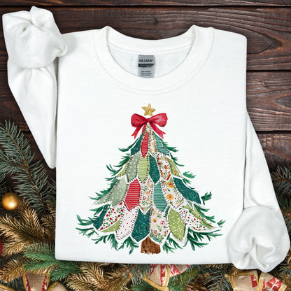 White Gildan sweatshirt with a printed country patchwork Christmas tree design.