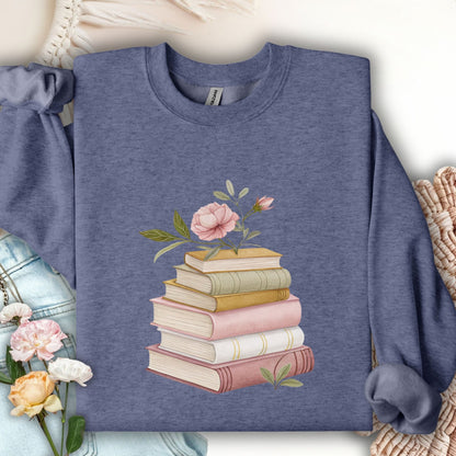 Heather Sport Dark Navy sweatshirt with a botanical illustration of stacked books and pink flowers.