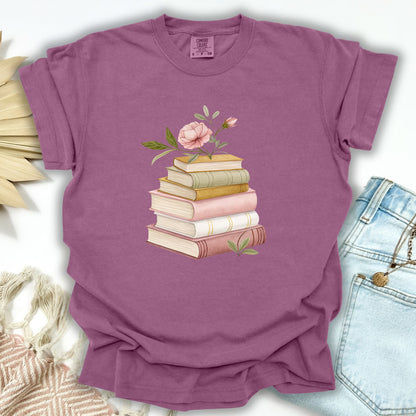 Berry S garment-dyed cotton t-shirt with a watercolor stack of books and pink floral design.