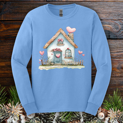 Carolina Blue long sleeve tee with a watercolor blue cottage and pink hearts design.