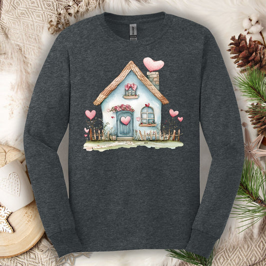 Dark Heather long sleeve tee with a watercolor blue cottage and pink hearts design.