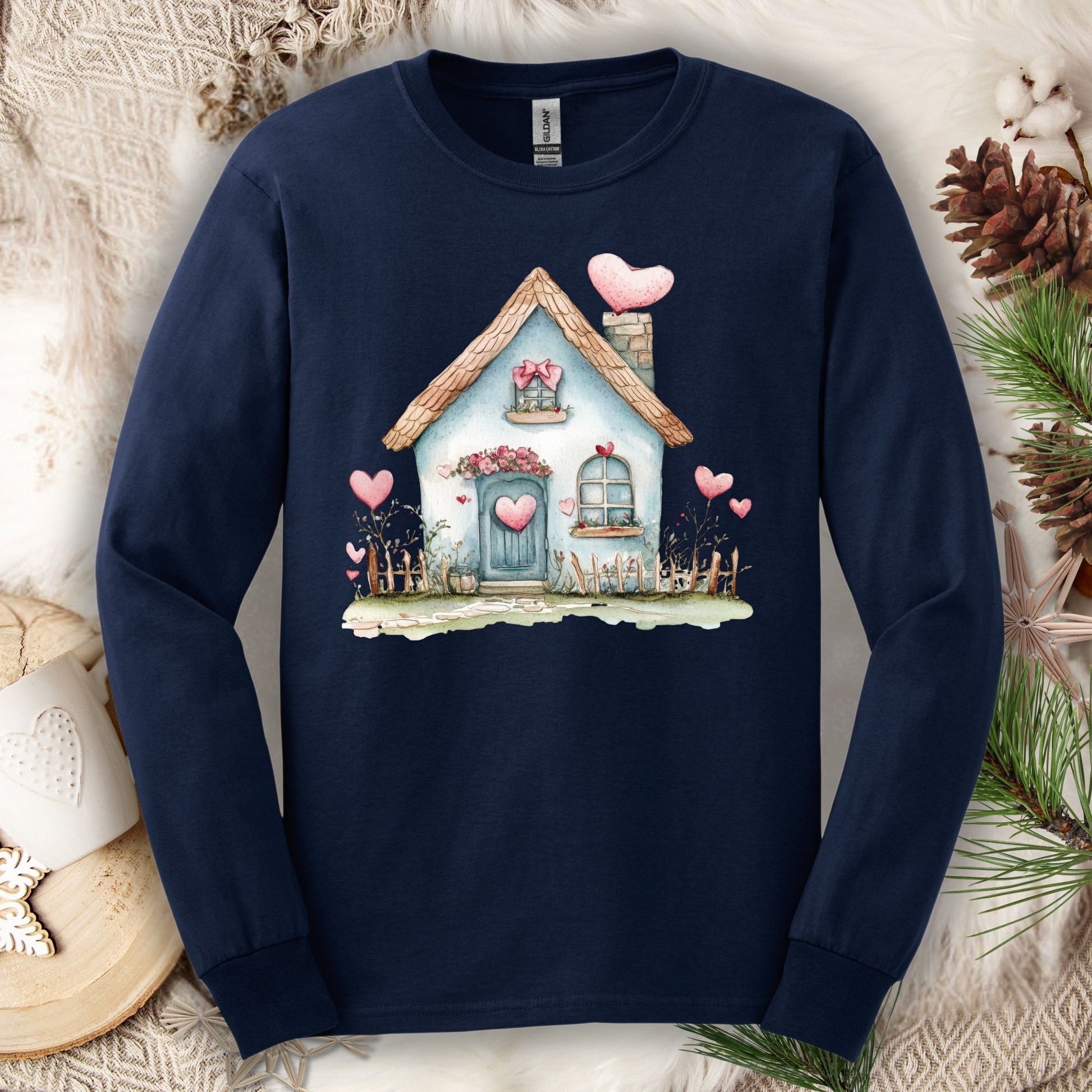 Navy long sleeve tee with watercolor blue cottage and hearts design for Valentine's Day.