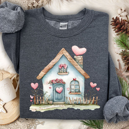 Dark Heather S sweatshirt with a watercolor blue cottage and pink hearts design.